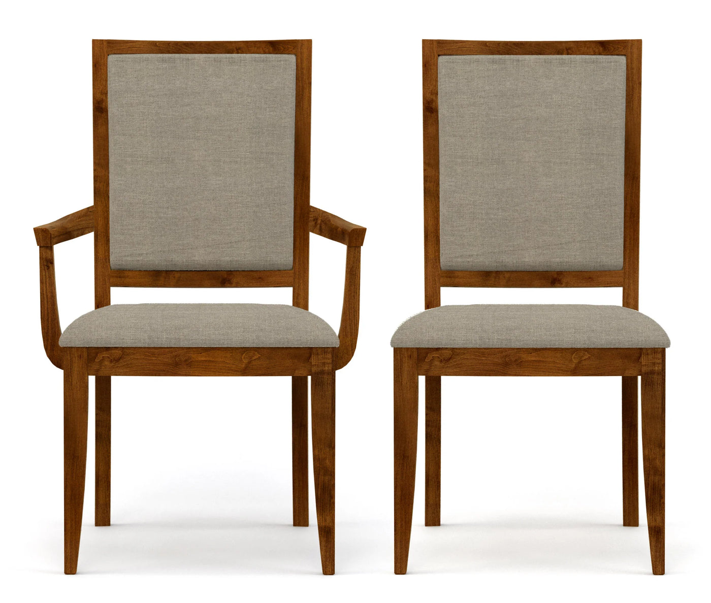 Two Origins Upholstered Chairs, side by side against a white background