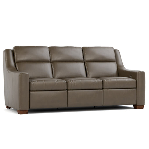 Hawley Power Motion Sofa Futuro Gray Leather Dark Maple Finish