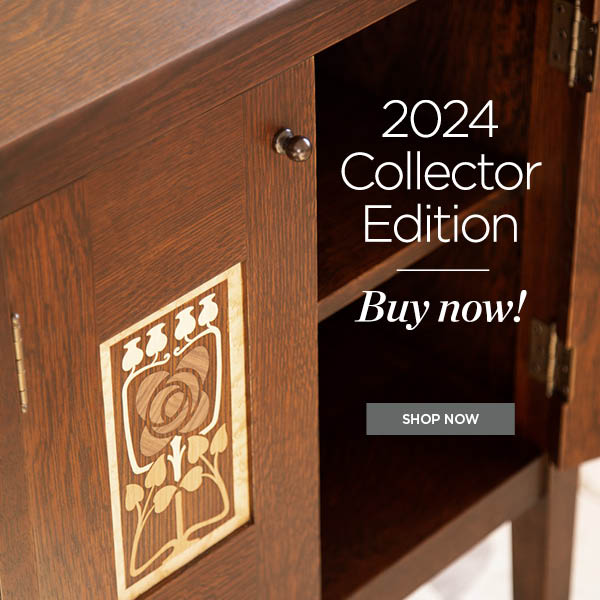 A closeup of the 2024 Collector Edition Mission Rose Cabinet showing the rose inlay as well as one cabinet open. There is a text overlay reading 2024 Collector Edition. Buy now!"
