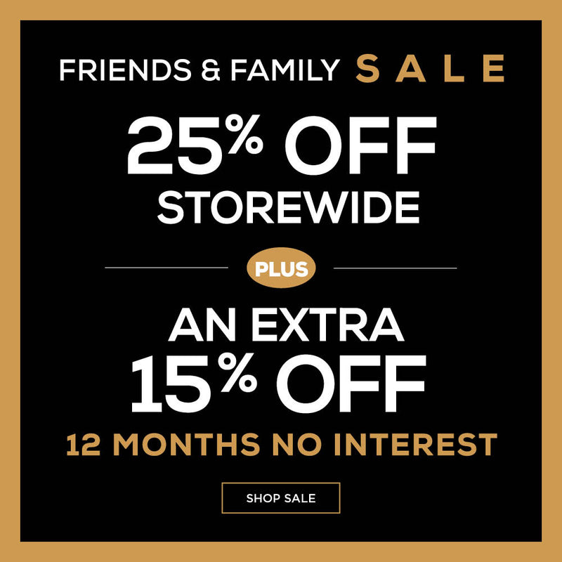 A square graphic in black and gold promoting a Friends & Family sale. The main offer '25% OFF STOREWIDE' is highlighted at the top, with an additional 'PLUS AN EXTRA 15% OFF' featured in the center. It also states '12 MONTHS NO INTEREST' beneath the offers. A 'SHOP SALE' call to action is presented in a black rectangle at the bottom.