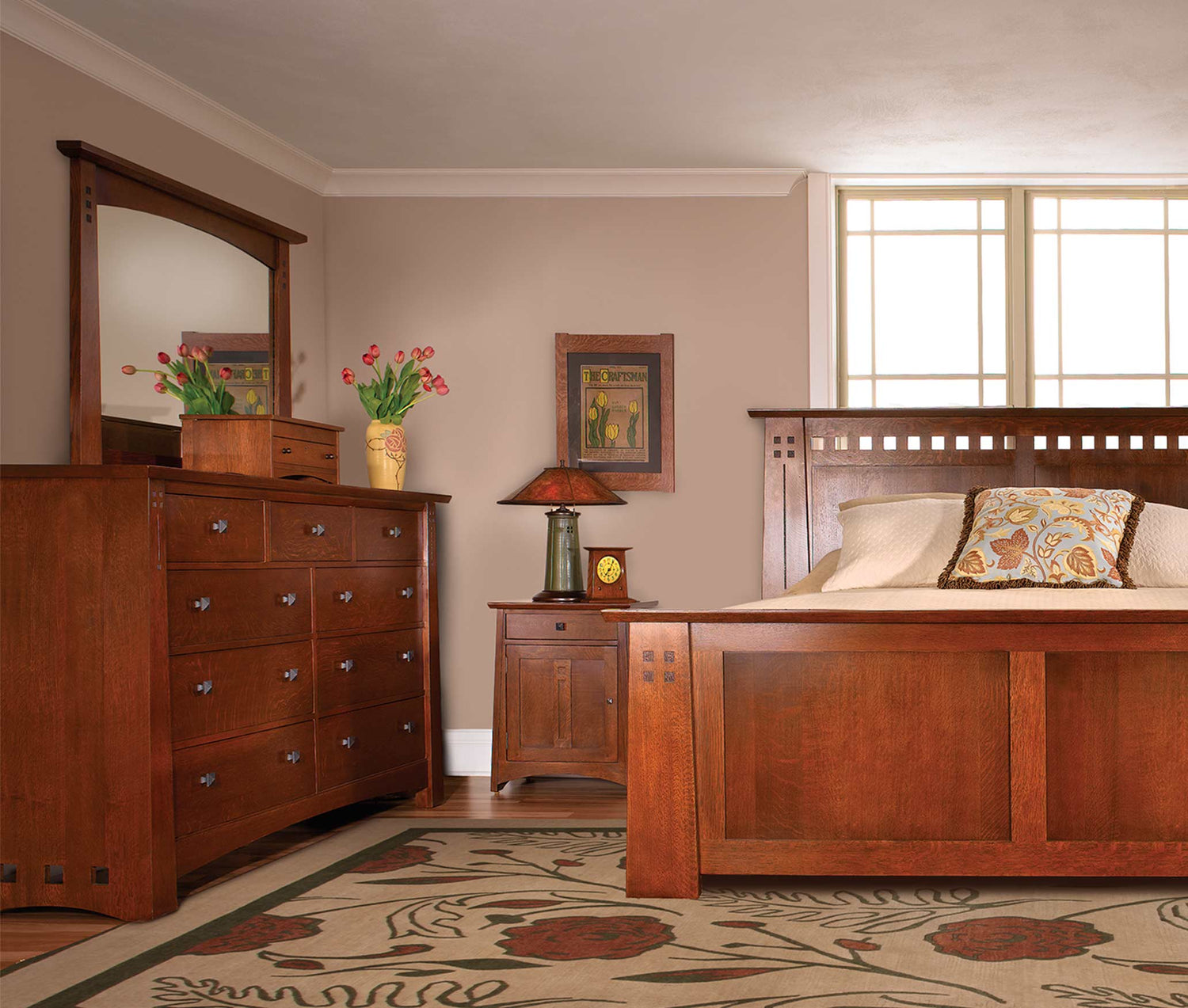 Lifestyle of Highlands Bed with a Door Nightstand and Master Dresser to the left of it