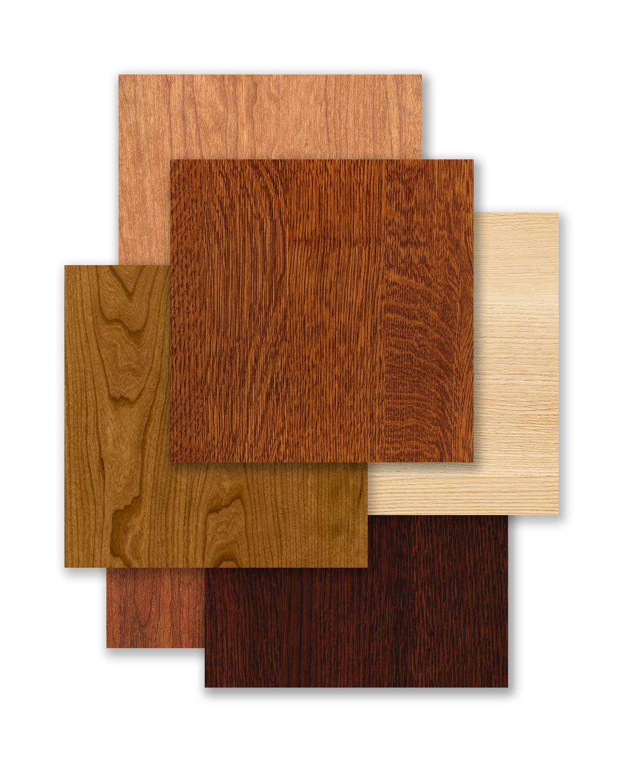 Swatch examples of Mission oak and cherry finish options