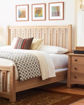 Stickley Furniture | Mattress bedroom set, showing a light wooden bed and night stand