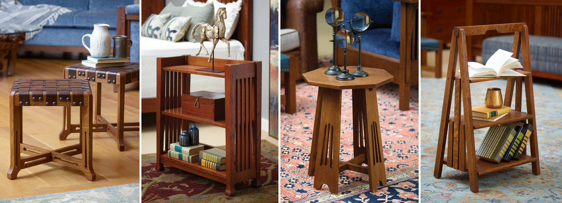 Four images in the order of showing: Little Treasures Stool, Book Rack, End Table, and Tiered Book Rack