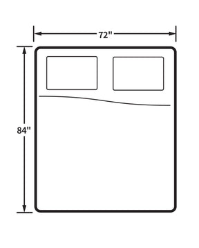 Black and white drawing showing California king bed dimensions (84 inches length by 72 inches width)