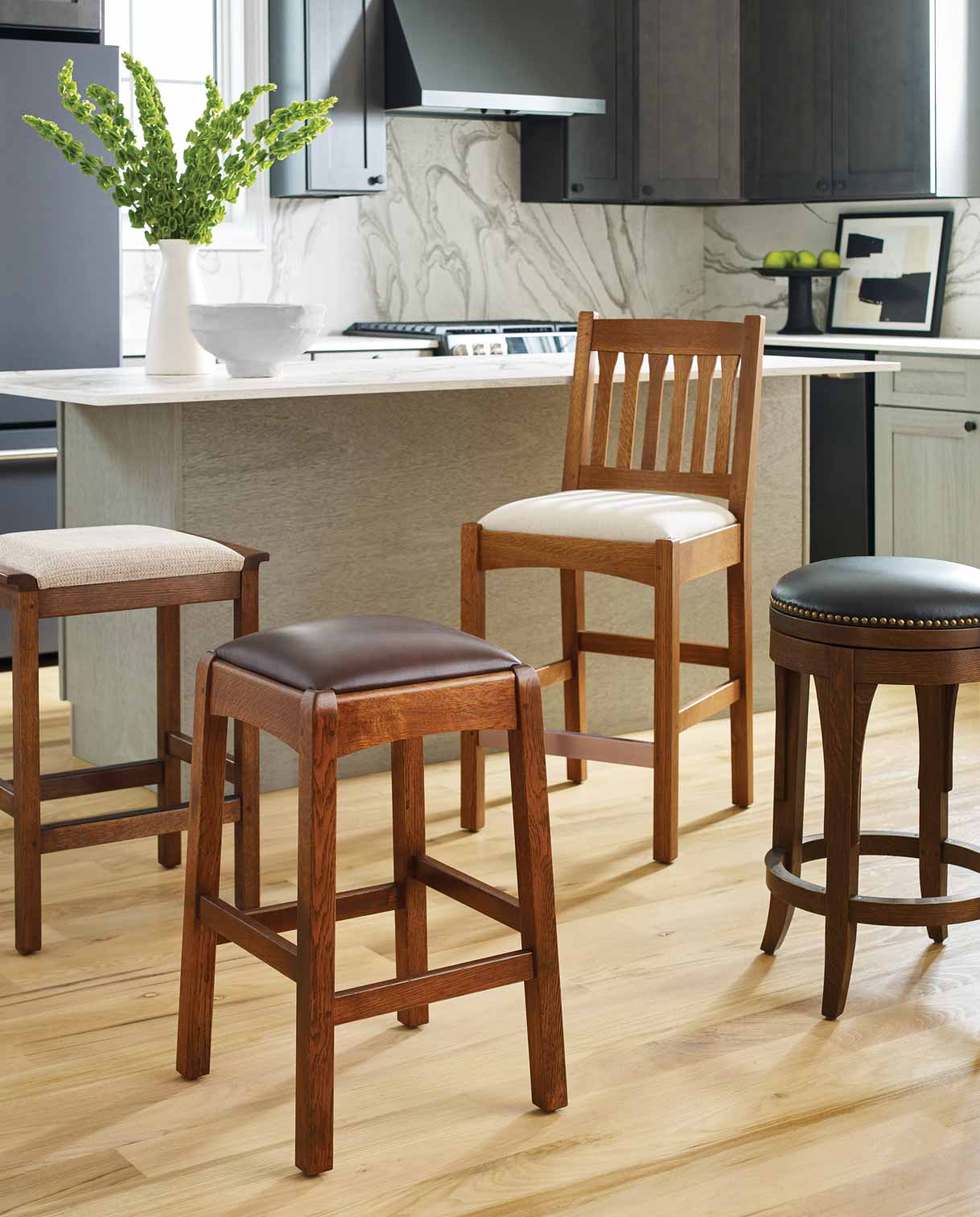 An assortment of Mission stools showcasing different Mission finishes