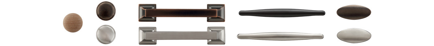 Four different hardware options available to the Origins by Stickley occasional tables
