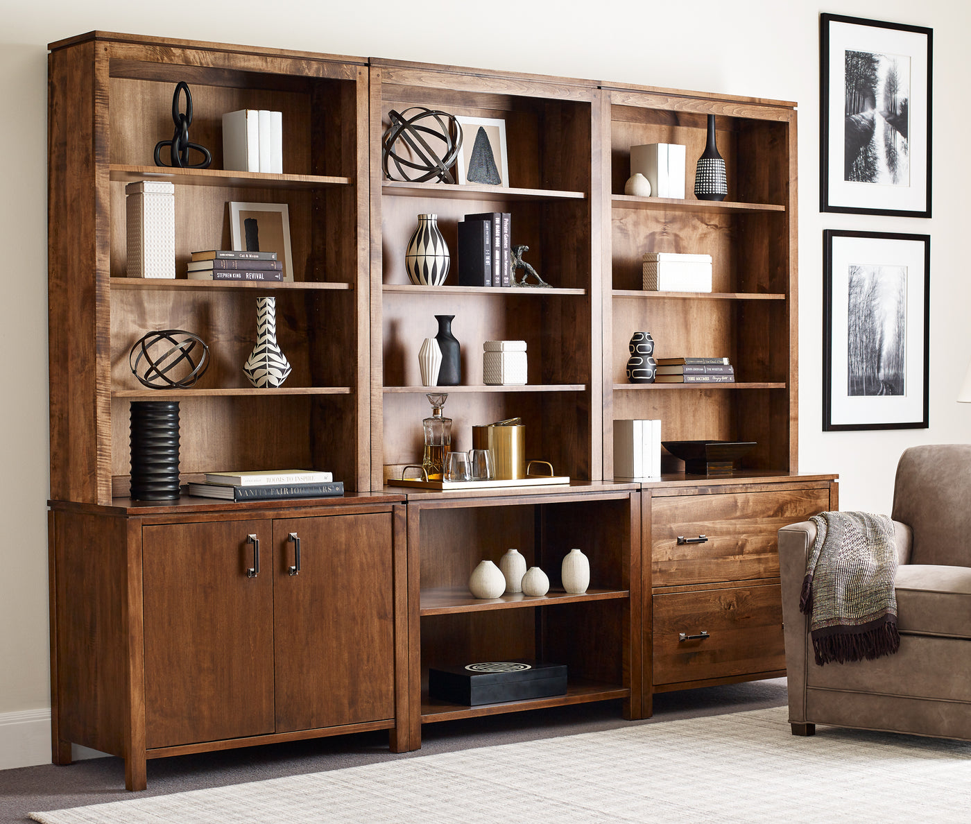 Three Dwyer Hutches, each on top of a Two-Drawer File, Two-Door Cabinet, and an Open Bookcase