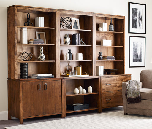 Three Dwyer Hutches, each on top of a Two-Drawer File, Two-Door Cabinet, and an Open Bookcase