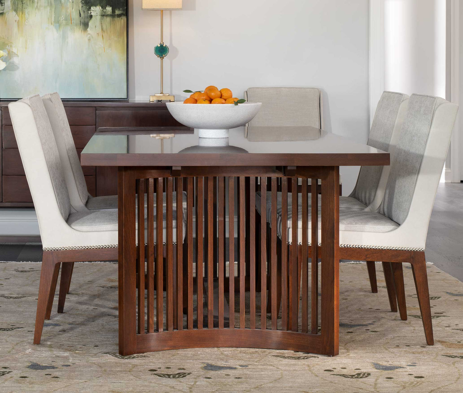 Lifestyle of Park Slope Trestle Dining Table with four Park Slope Shelter Chairs