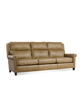 A light leather Woodlands Small Roll Arm Sofa with nails on a white background