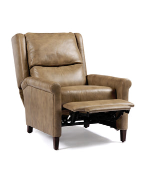 A light brown leather Woodlands Small Roll Arm Recliner on a white background with the footrest out