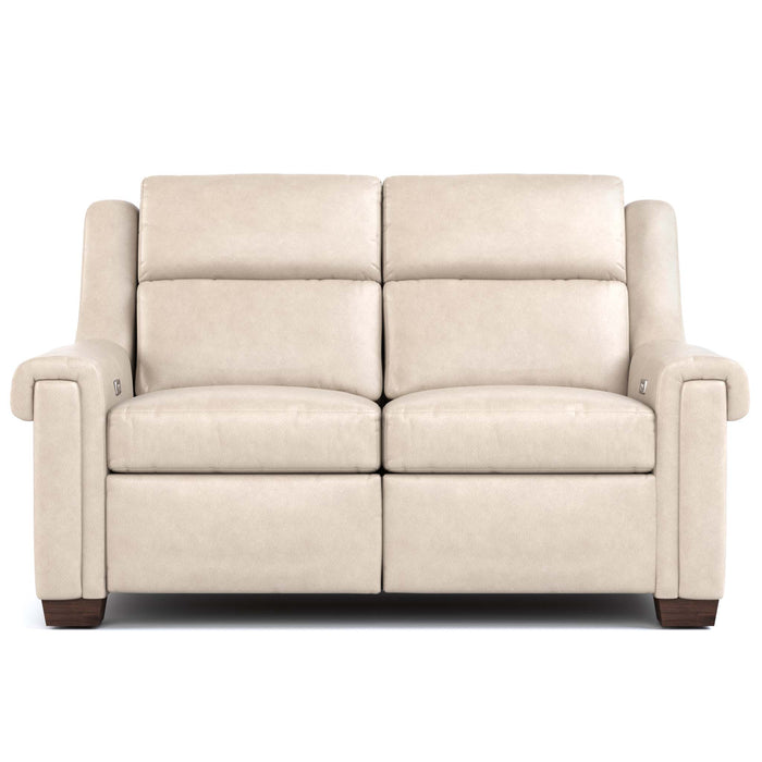 Chester Power Motion Loveseat Sorrento Moonshine Leather Dark Maple Finish