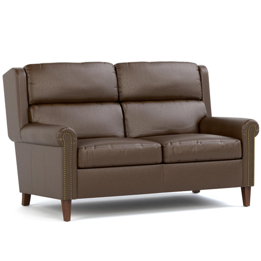 Woodlands Small Roll Arm Loveseat with Nails Selvano Chestnut Program